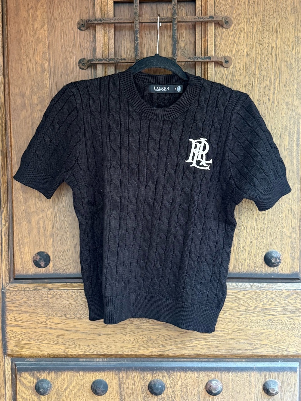 Ralph Lauren Black Cable-Knit Short-Sleeve Crewneck Sweater Size M